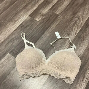 AERIE REAL HAPPY WIRELESS LIGHTLY LINED LACE BRA SIZE 36D IN NUDE NWT